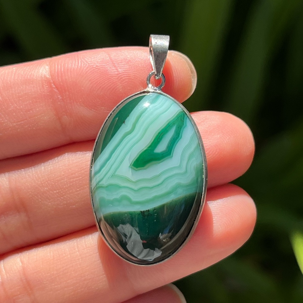 925 silver plated green banded agate‎ pendant 0248